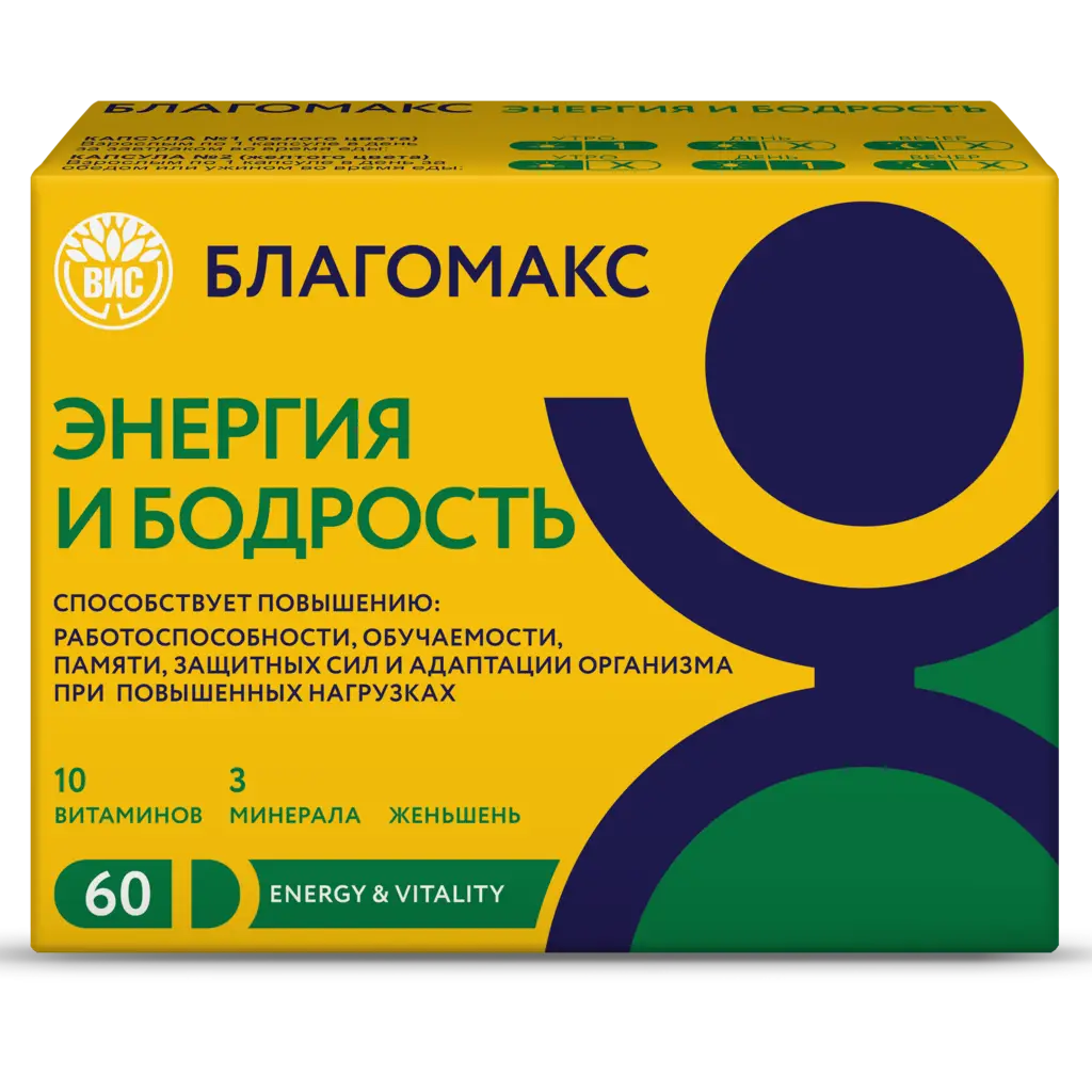 Благомакс Энеpгия и Бодpость (комплекс из двух капсул) капс. №60
