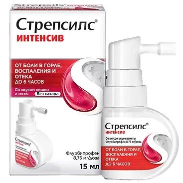 Стрепсилс Интенсив фл. (спрей) дозир. 8,75мг/доза 15мл (вишня и мята)