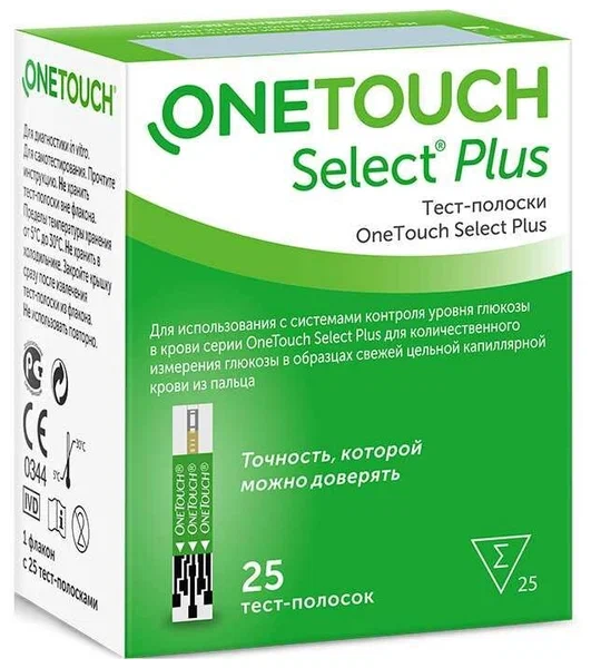 Тест-полоска ONE TOUCH д/глюкометра "Оne Touch Select plus" №25