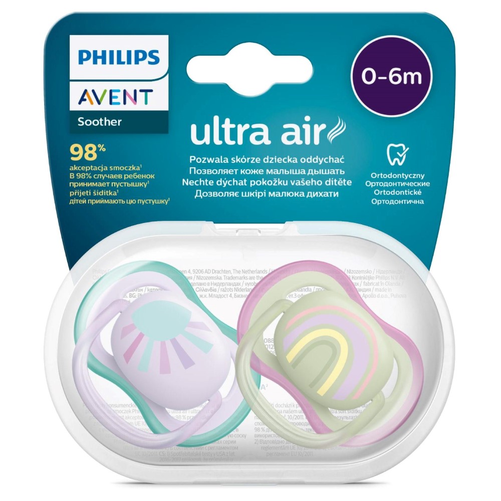 Пустышка Авент (AVENT) ULTRA AIR силик. ортодонт. с щитком-нагубником кольцом-держ. (0-6мес.) с фут. №1 (арт. SCF086/03) картинка № 4